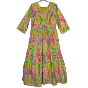 Floral Silk Maxi Dress With Gold Embellishments & 3/4 Sleeves